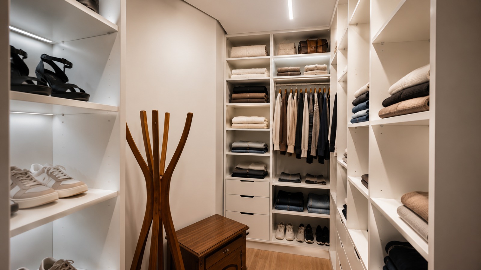 Closet planejado com prateleiras e iluminação embutida