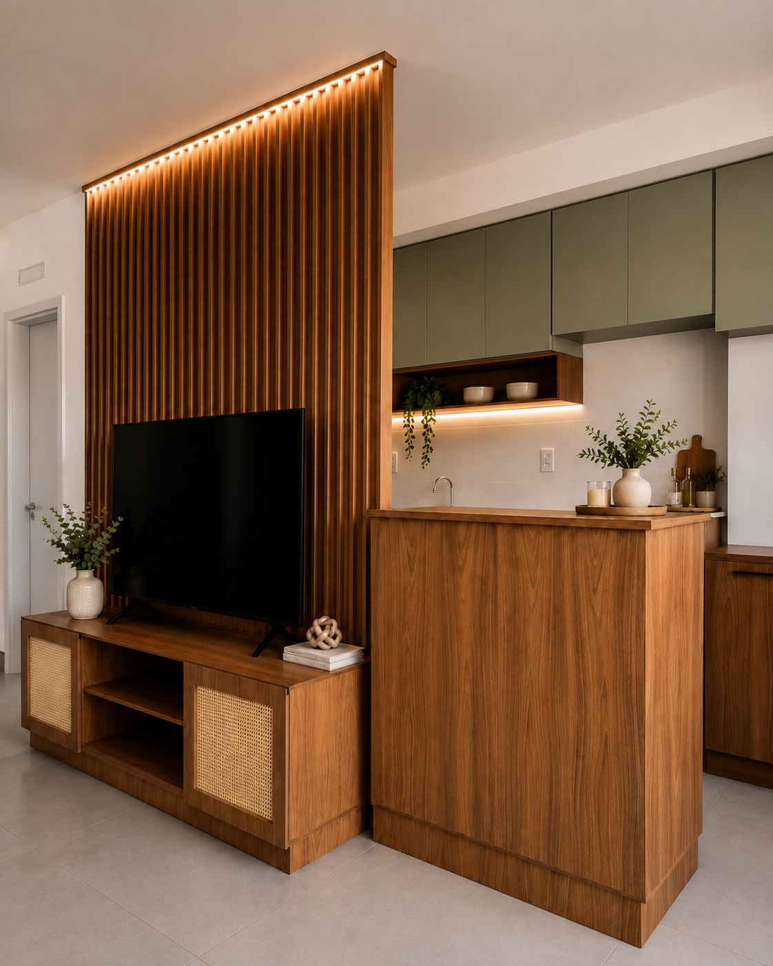 Painel ripado de TV integrado à cozinha com armários verdes