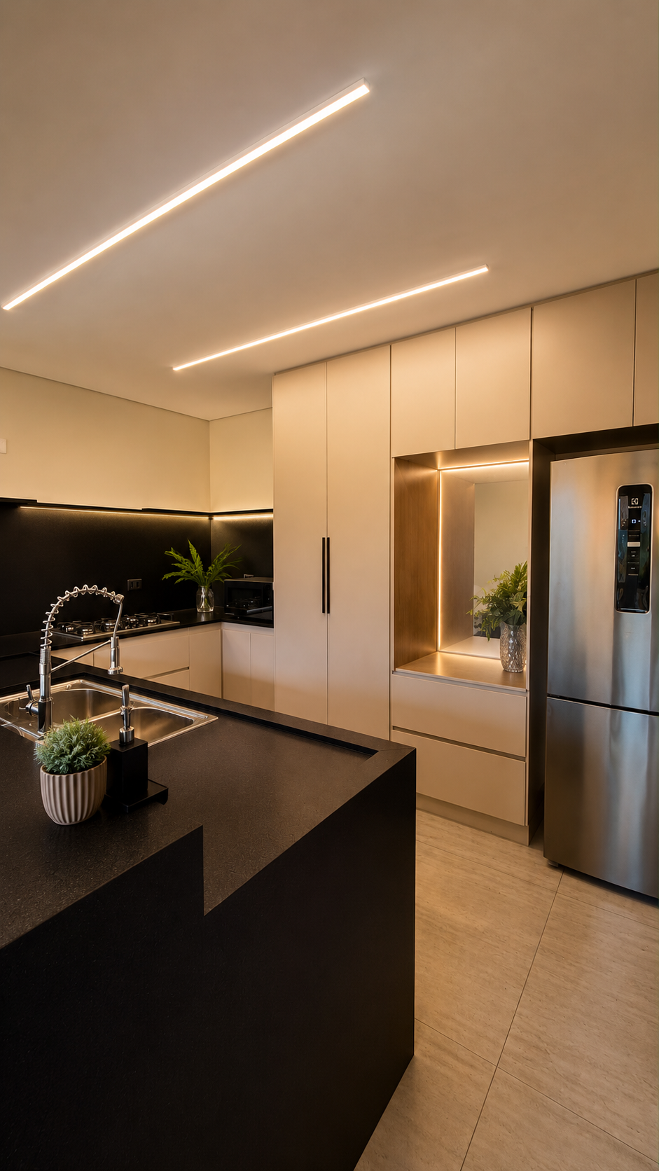 Cozinha planejada com bancada preta e iluminação linear