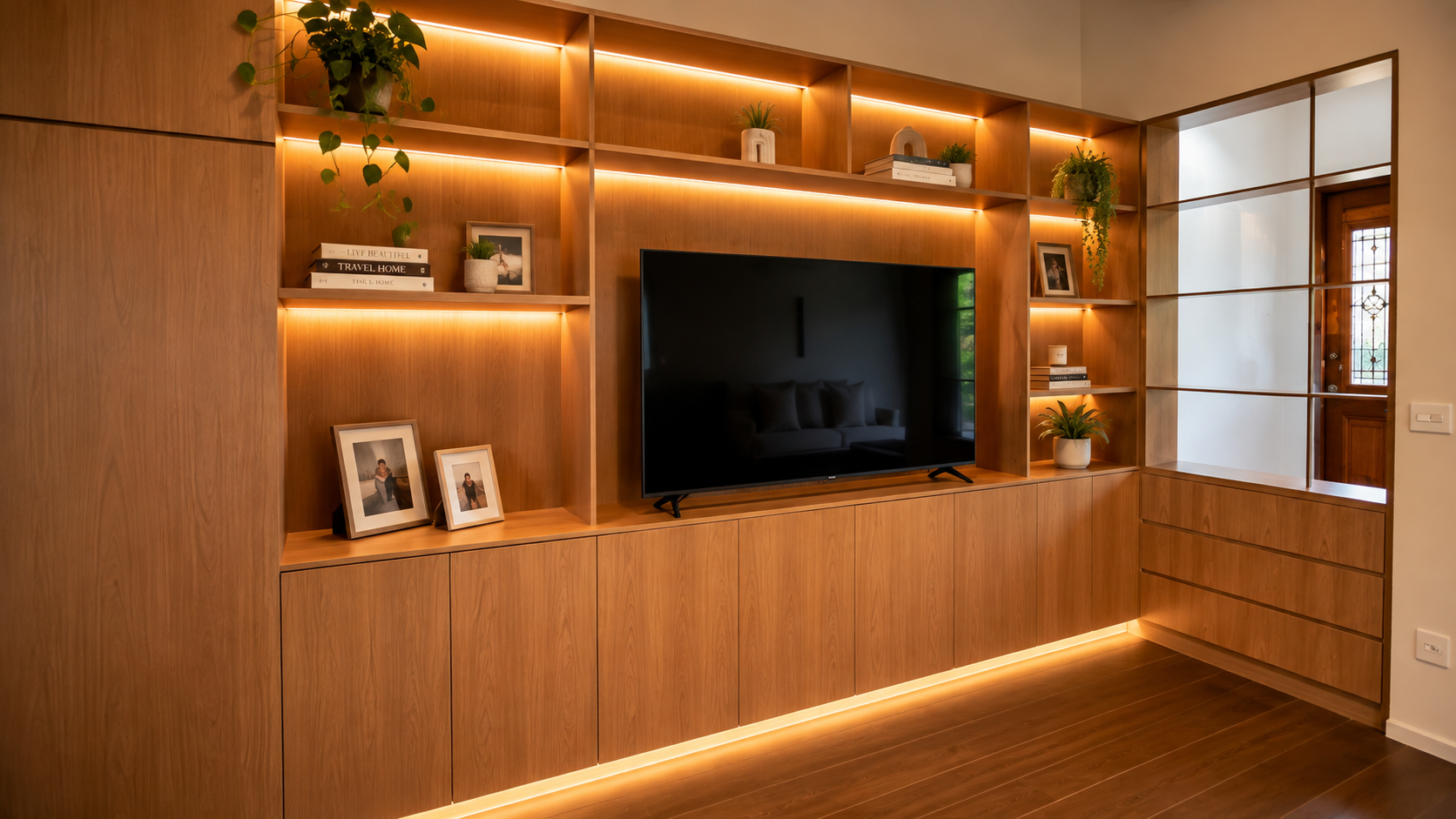 Estante de sala com nichos e iluminação em LED
