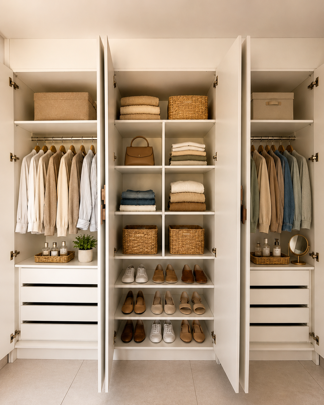Closet branco planejado com gaveteiro central e iluminação interna
